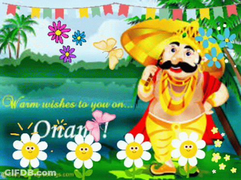 A Cartoon Of A Man With Flowers And The Words Warm Wishes To You On Onam GIF