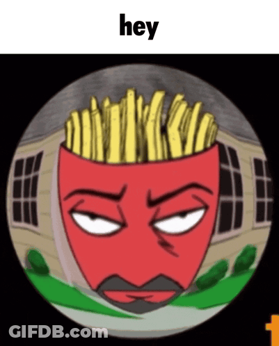 A Cartoon Of A Man With French Fries On His Head And The Words Hey Above Him GIF
