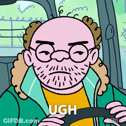 A Cartoon Of A Man With Glasses And A Beard Is Driving A Car And The Word Ugh Is Above Him GIF