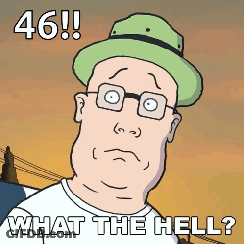 A Cartoon Of A Man With Glasses And A Green Hat Says 46 What The Hell GIF