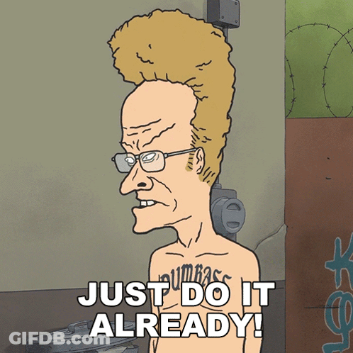 A Cartoon Of A Man With Glasses And A Tattoo That Says Just Do It Already GIF