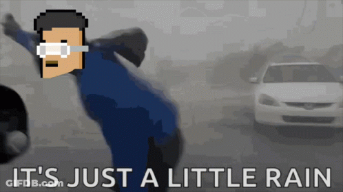 A Cartoon Of A Man With Glasses And The Words It 'S Just A Little Rain Below Him GIF