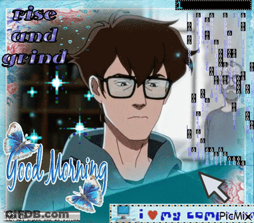 A Cartoon Of A Man With Glasses Says Rise And Grind GIF