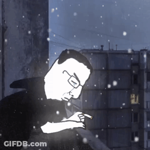 A Cartoon Of A Man With Glasses Smoking A Cigarette In Front Of A Building GIF