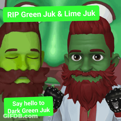 A Cartoon Of A Man With Green Hair And Red Beard Says Rip Green Juk And Lime Juk GIF