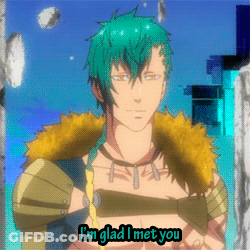 A Cartoon Of A Man With Green Hair And The Words I 'M Glad I Met You GIF