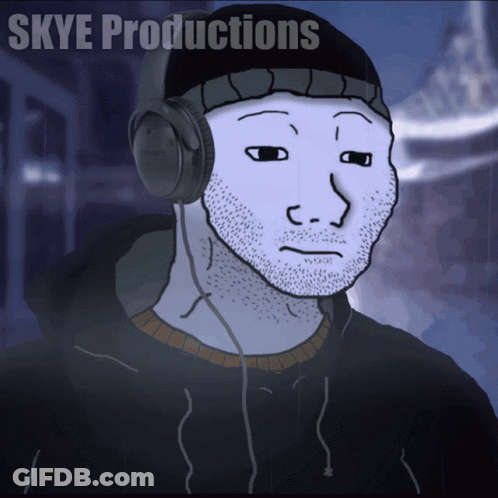 A Cartoon Of A Man With Headphones And The Words Skye Productions GIF