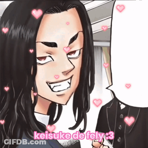 A Cartoon Of A Man With Hearts Around His Face And The Words Keisuke De Fely 3 On The Bottom GIF