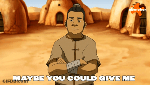 A Cartoon Of A Man With His Arms Crossed And The Words Maybe You Could Give Me Below Him GIF