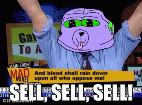 A Cartoon Of A Man With His Arms In The Air And The Words Sell Sell Sell On The Bottom GIF