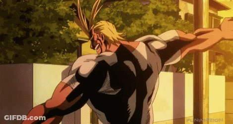 A Cartoon Of A Man With His Arms Outstretched Says Funimation On The Bottom GIF