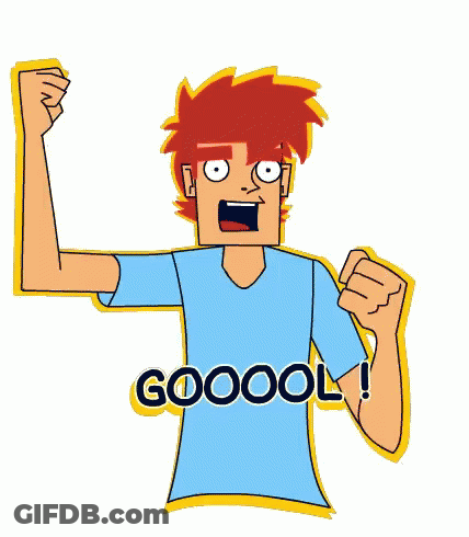 A Cartoon Of A Man With His Fist In The Air And The Words Goooool GIF