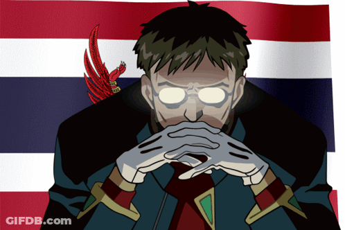 A Cartoon Of A Man With His Hands Folded In Front Of A Flag That Says ' Thailand ' On It GIF