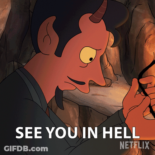 A Cartoon Of A Man With Horns And The Words See You In Hell GIF