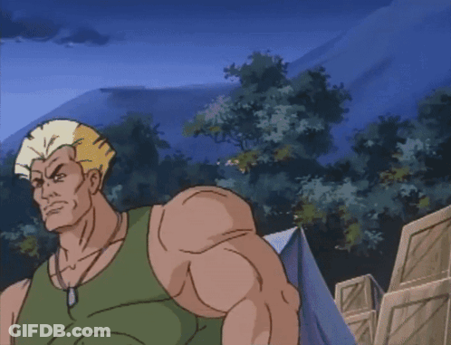 A Cartoon Of A Man With Huge Muscles And A Dog Tag Around His Neck GIF
