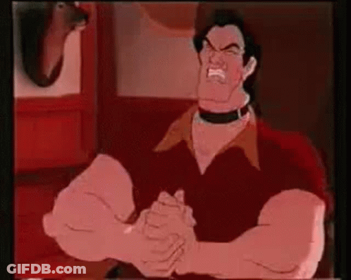A Cartoon Of A Man With Huge Muscles Is Sitting At A Table With His Hands Folded . GIF