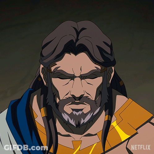 A Cartoon Of A Man With Long Hair And A Beard With A Netflix Logo Behind Him GIF