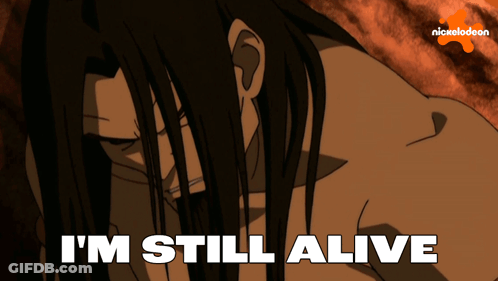 A Cartoon Of A Man With Long Hair And The Words I 'M Still Alive GIF