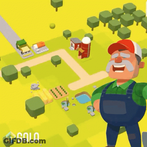 A Cartoon Of A Man With Overalls And A Red Hat Standing In A Field GIF