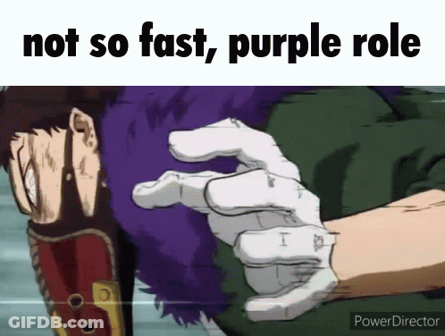 A Cartoon Of A Man With Purple Hair And Gloves With The Caption Not So Fast , Purple Role . GIF