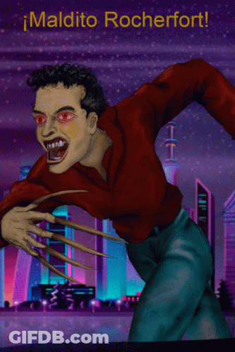 A Cartoon Of A Man With Red Eyes And Claws Says Por Tu Culpa Tenemos Que Salir Corriendo ... Otra Vez GIF