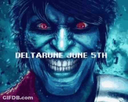 A Cartoon Of A Man With Red Eyes And The Words Deltarone June 5Th GIF