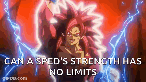 A Cartoon Of A Man With Red Hair And The Words `` Can A Sped 'S Strength Has No Limits '' . GIF