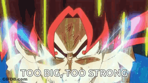 A Cartoon Of A Man With Red Hair And The Words `` Too Big , Too Strong '' GIF