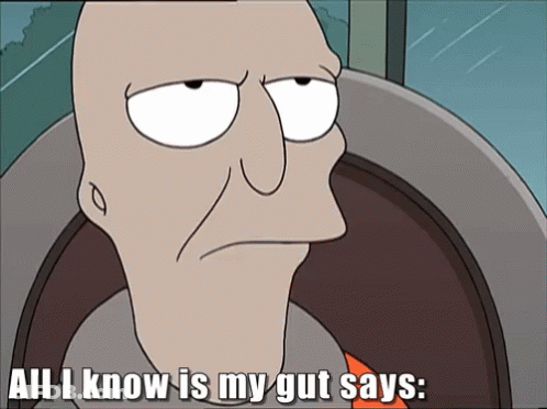 A Cartoon Of A Man With The Words All I Know Is My Gut Says GIF