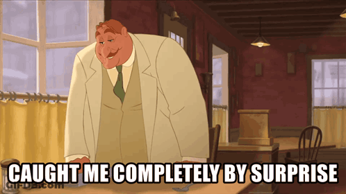 A Cartoon Of A Man With The Words Caught Me Completely By Surprise Underneath Him GIF