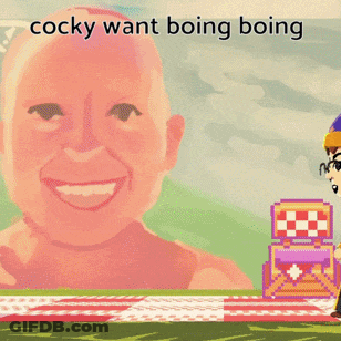 A Cartoon Of A Man With The Words Cocky Want Boing Boing On The Bottom GIF