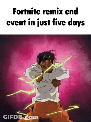 A Cartoon Of A Man With The Words Fortnite Remix End Event In Just Five Days Above Him GIF
