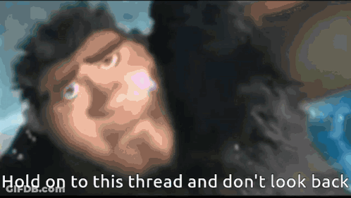 A Cartoon Of A Man With The Words " Hold On To This Thread And Don 'T Look Back " GIF