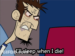 A Cartoon Of A Man With The Words I 'Ll Sleep When I Die Below Him GIF