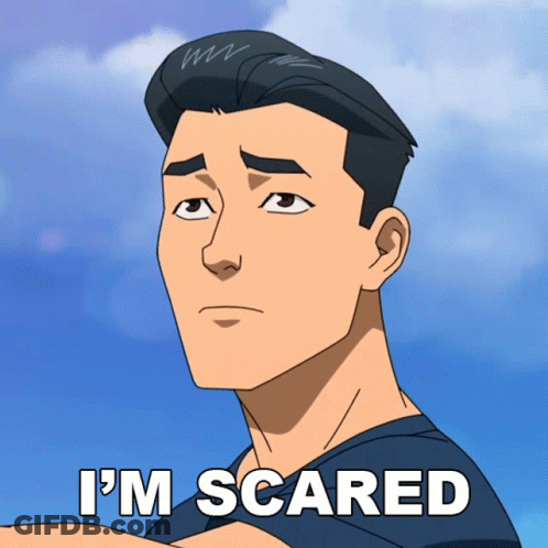 A Cartoon Of A Man With The Words " I 'M Scared " Below Him GIF