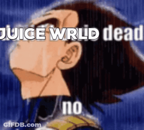 A Cartoon Of A Man With The Words `` Juice Wrld Dead No '' Written On His Face . GIF
