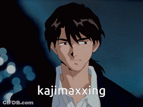 A Cartoon Of A Man With The Words Kajimaxxing Written Below Him GIF
