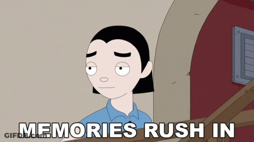 A Cartoon Of A Man With The Words " Memories Rush In " Below Him GIF