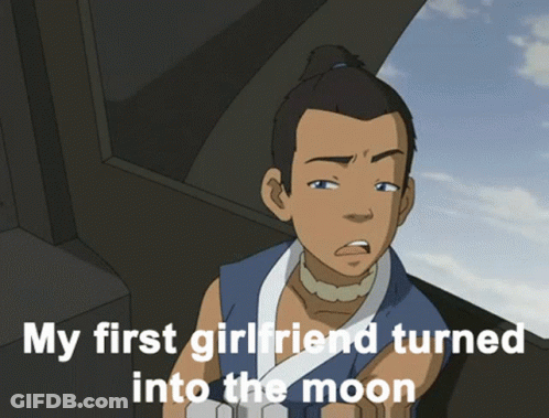 A Cartoon Of A Man With The Words " My First Girlfriend Turned Into The Moon " GIF