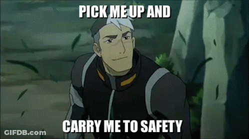 A Cartoon Of A Man With The Words `` Pick Me Up And Carry Me To Safety '' Written On It . GIF