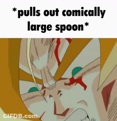 A Cartoon Of A Man With The Words " Pulls Out Comically Large Spoon " GIF
