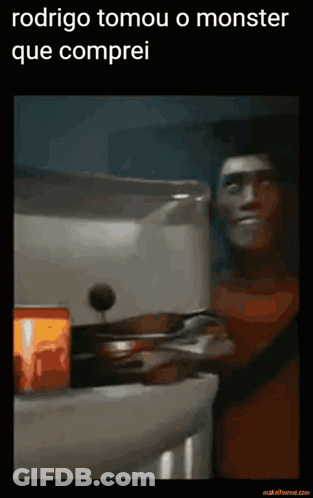 A Cartoon Of A Man With The Words Rodrigo Tomou O Monster Que Comprei Above Him GIF
