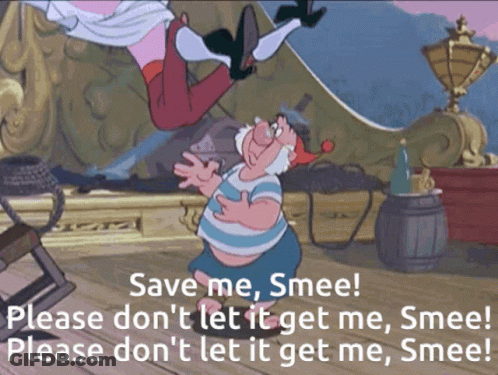 A Cartoon Of A Man With The Words " Save Me Smee " Below Him GIF