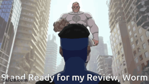 A Cartoon Of A Man With The Words Stand Ready For My Review Worm Below Him GIF