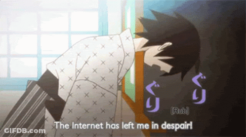 A Cartoon Of A Man With The Words " The Internet Has Left Me In Despair " Below Him GIF
