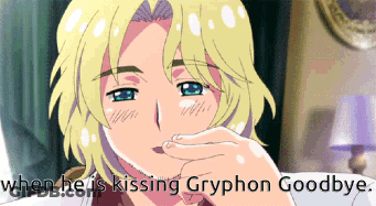 A Cartoon Of A Man With The Words " When He Is Kissing Gryphon Goodbye " Below Him GIF