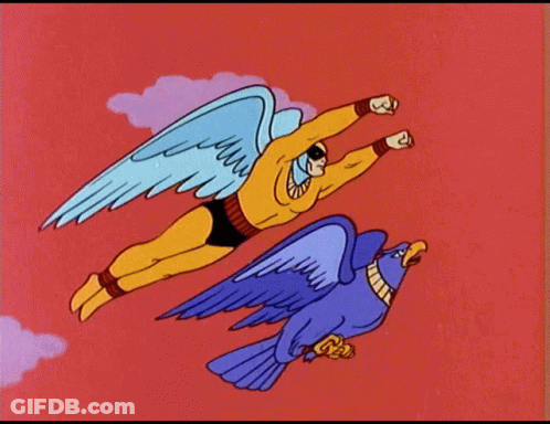 A Cartoon Of A Man With Wings And A Blue Bird GIF