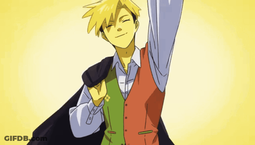 A Cartoon Of A Man With Yellow Hair Wearing A Green Vest And Red Vest GIF