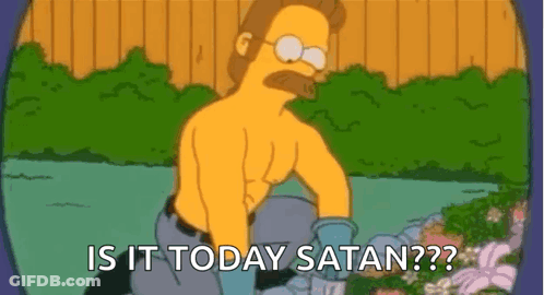 A Cartoon Of A Man Without A Shirt Is Kneeling Down In A Garden And Asking Is It Today Satan ? GIF