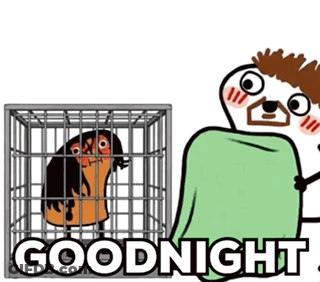 A Cartoon Of A Man Wrapped In A Blanket Standing Next To A Cage With The Words Goodnight Written On It GIF
